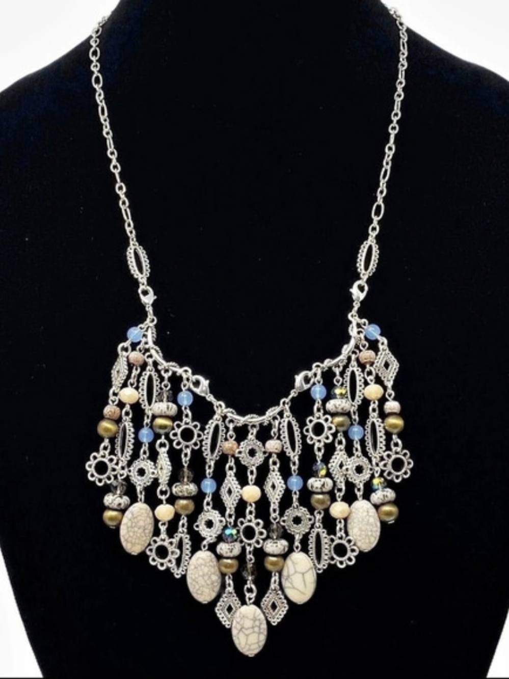 Premier Designs Jewelry Antique Silver Statement Necklace Color/Glass Beads 36”